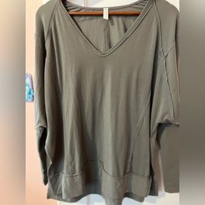 Free People Movement V-Neck Oversize Side Slit Raw Seam Line Hooded Top